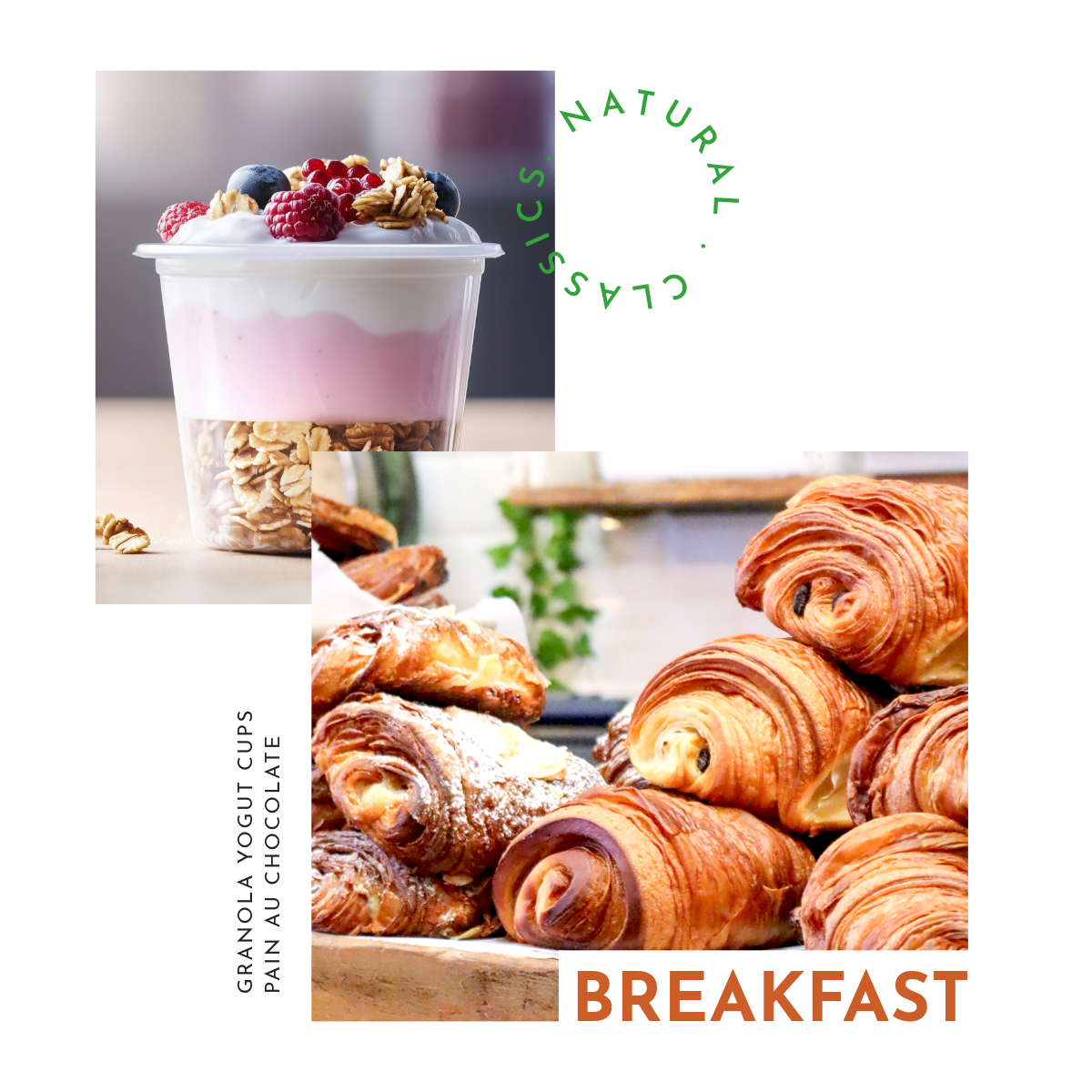 breakfast menu options granola yogurt pot and fresh pastries