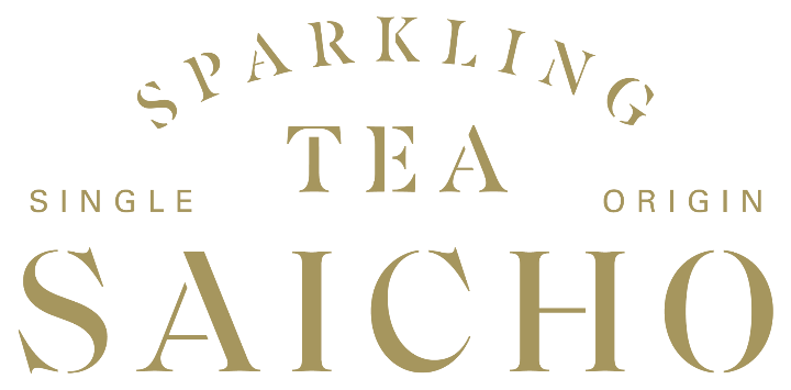 Gold serif text reading 'SPARKLING TEA SINGLE ORIGIN SAICHO' on a plain white background.